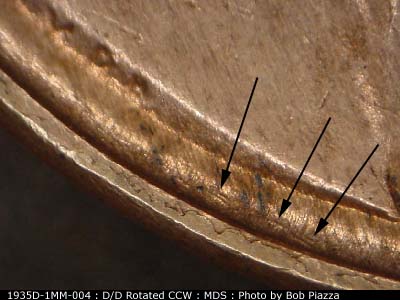 Die-stage B marker on 1935D•1MM•004 (1935 Repunched Mint Mark).