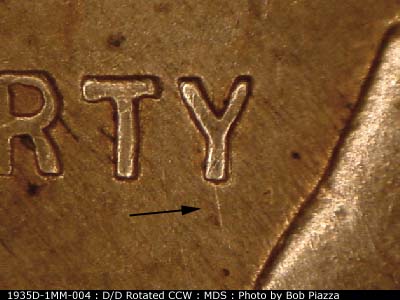 Die-stage B marker on 1935D•1MM•004 (1935 Repunched Mint Mark).