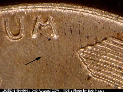 Die-stage B marker on 1935D•1MM•004 (1935 Repunched Mint Mark).