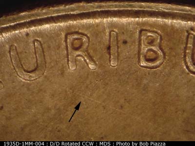 Die-stage B marker on 1935D•1MM•004 (1935 Repunched Mint Mark).