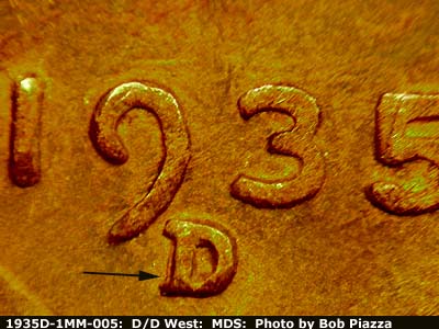1935 Lincoln cent obverse, CopperCoins die 1935D•1MM•005.
