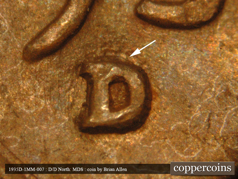 1935 Lincoln cent obverse, CopperCoins die 1935D•1MM•007.