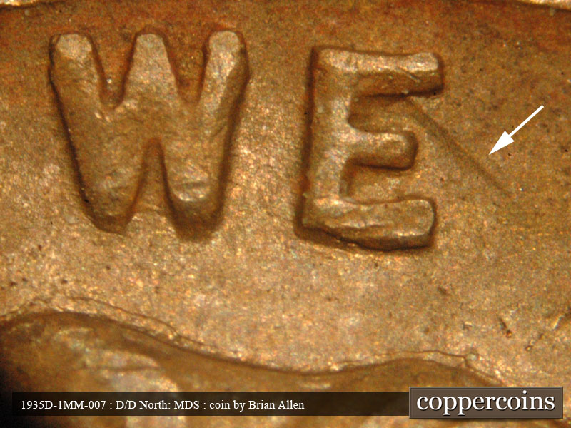 Die-stage B marker on 1935D•1MM•007 (1935 Repunched Mint Mark).
