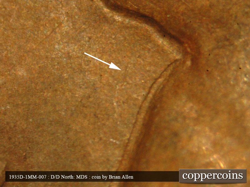 Die-stage B marker on 1935D•1MM•007 (1935 Repunched Mint Mark).