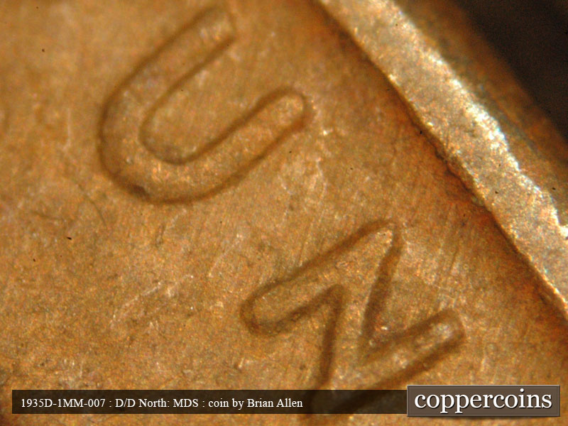 Die-stage B marker on 1935D•1MM•007 (1935 Repunched Mint Mark).