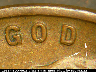 Die-stage A marker on 1935P•1DO•001 (1935 Doubled Die Obverse).