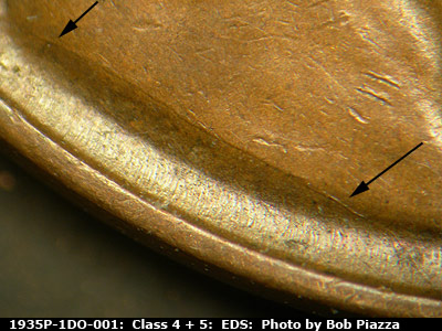 Die-stage A marker on 1935P•1DO•001 (1935 Doubled Die Obverse).
