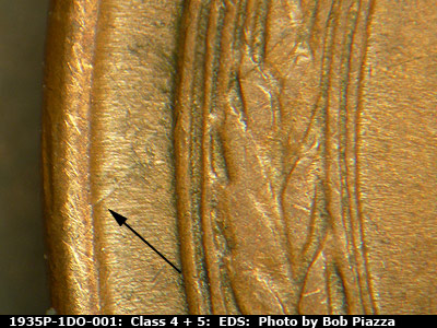 Die-stage A marker on 1935P•1DO•001 (1935 Doubled Die Obverse).