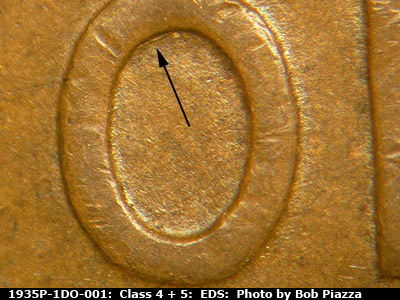 Die-stage A marker on 1935P•1DO•001 (1935 Doubled Die Obverse).