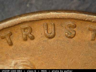 Die-stage B marker on 1935P•1DO•002 (1935 Doubled Die Obverse).