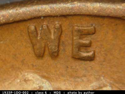 Die-stage B marker on 1935P•1DO•002 (1935 Doubled Die Obverse).