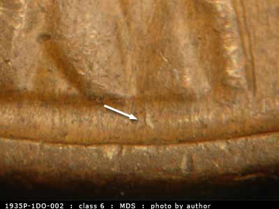 Die-stage B marker on 1935P•1DO•002 (1935 Doubled Die Obverse).