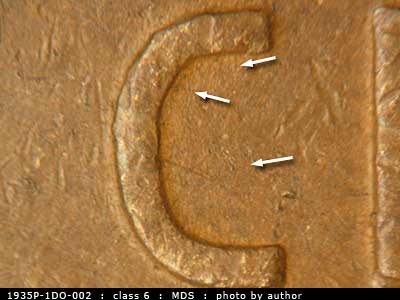 Die-stage B marker on 1935P•1DO•002 (1935 Doubled Die Obverse).