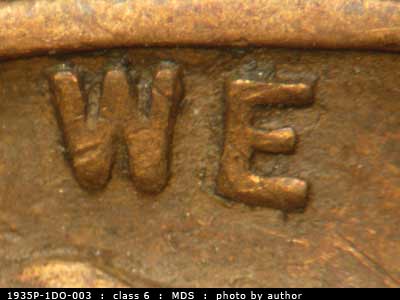 Die-stage B marker on 1935P•1DO•003 (1935 Doubled Die Obverse).