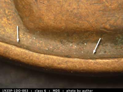 Die-stage B marker on 1935P•1DO•003 (1935 Doubled Die Obverse).