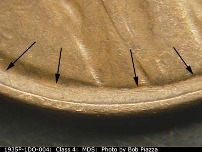 Die-stage B marker on 1935P•1DO•004 (1935 Doubled Die Obverse).