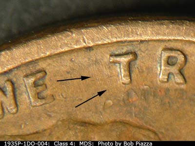 Die-stage B marker on 1935P•1DO•004 (1935 Doubled Die Obverse).
