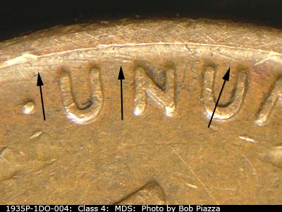 Die-stage B marker on 1935P•1DO•004 (1935 Doubled Die Obverse).