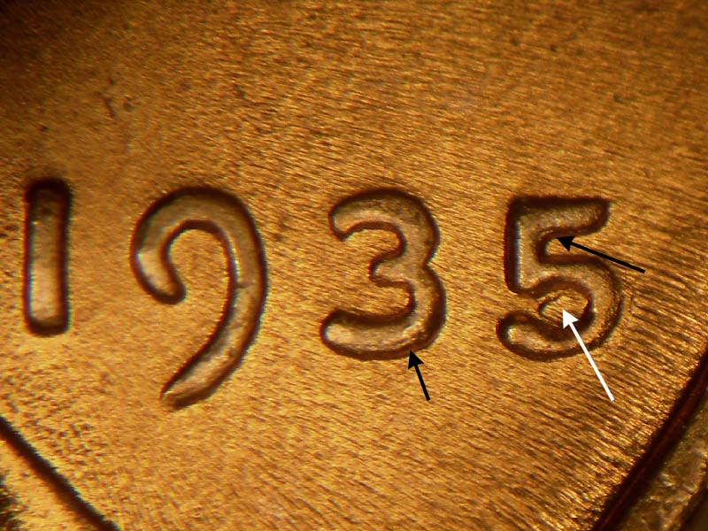 Die-stage C marker on 1935P•1DO•005 (1935 Doubled Die Obverse).