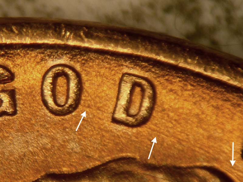 Die-stage C marker on 1935P•1DO•005 (1935 Doubled Die Obverse).