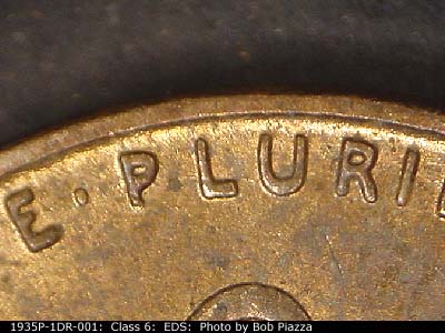 Die-stage A marker on 1935P•1DR•001 (1935 Doubled Die Reverse).