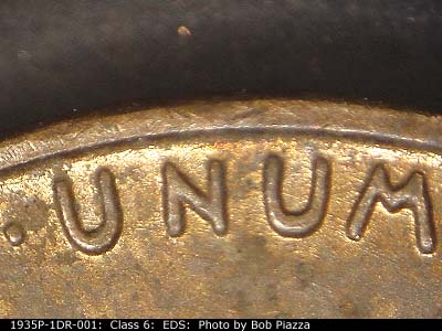 Die-stage A marker on 1935P•1DR•001 (1935 Doubled Die Reverse).