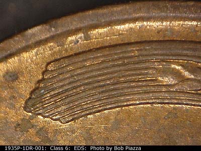 Die-stage A marker on 1935P•1DR•001 (1935 Doubled Die Reverse).
