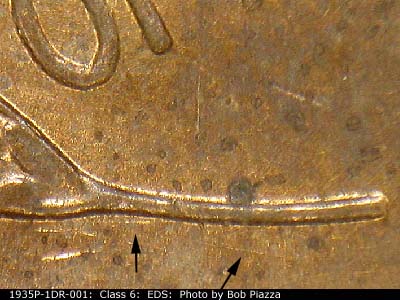 Die-stage A marker on 1935P•1DR•001 (1935 Doubled Die Reverse).