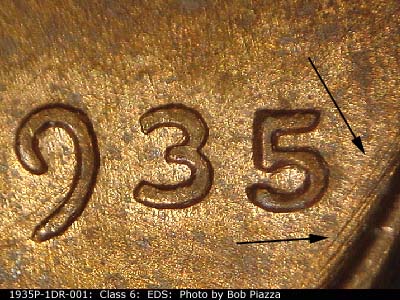 Die-stage A marker on 1935P•1DR•001 (1935 Doubled Die Reverse).