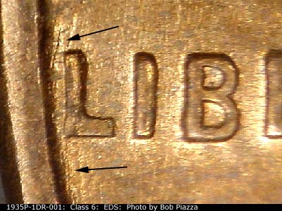 Die-stage A marker on 1935P•1DR•001 (1935 Doubled Die Reverse).