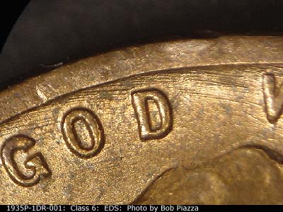 Die-stage A marker on 1935P•1DR•001 (1935 Doubled Die Reverse).
