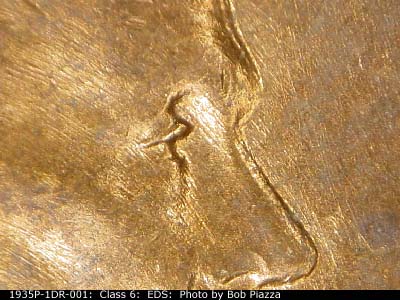 Die-stage A marker on 1935P•1DR•001 (1935 Doubled Die Reverse).