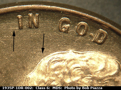 Die-stage B marker on 1935P•1DR•002 (1935 Doubled Die Reverse).