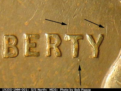 Die-stage B marker on 1935S•1MM•001 (1935 Repunched Mint Mark).