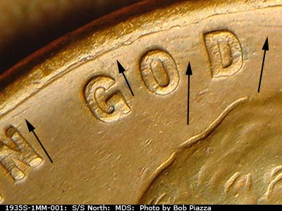 Die-stage B marker on 1935S•1MM•001 (1935 Repunched Mint Mark).