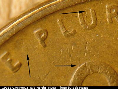 Die-stage B marker on 1935S•1MM•001 (1935 Repunched Mint Mark).