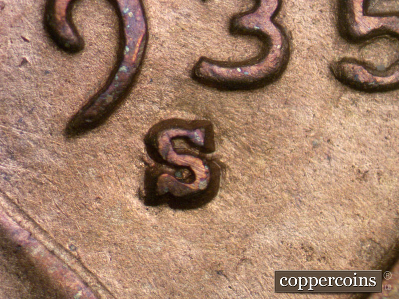 1935 Lincoln cent obverse, CopperCoins die 1935S•1MM•002.