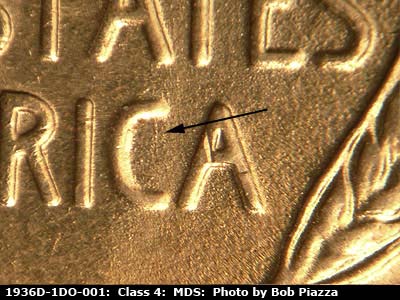 Die-stage B marker on 1936D•1DO•001 (1936 Doubled Die Obverse).