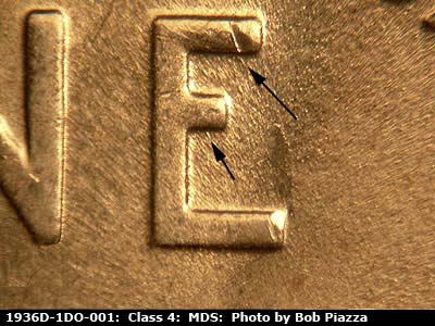 Die-stage B marker on 1936D•1DO•001 (1936 Doubled Die Obverse).