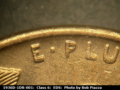 Die-stage A marker on 1936D•1DR•001 (1936 Doubled Die Reverse).