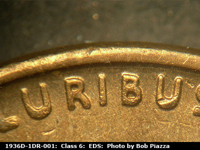 Die-stage A marker on 1936D•1DR•001 (1936 Doubled Die Reverse).