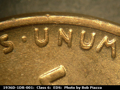 Die-stage A marker on 1936D•1DR•001 (1936 Doubled Die Reverse).