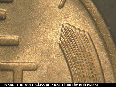 Die-stage A marker on 1936D•1DR•001 (1936 Doubled Die Reverse).