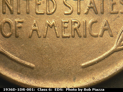 Die-stage A marker on 1936D•1DR•001 (1936 Doubled Die Reverse).