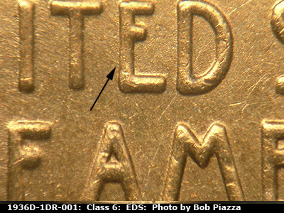 Die-stage A marker on 1936D•1DR•001 (1936 Doubled Die Reverse).