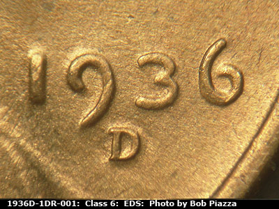 Die-stage A marker on 1936D•1DR•001 (1936 Doubled Die Reverse).