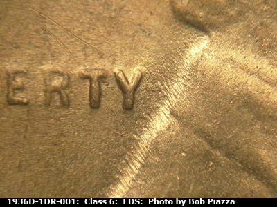 Die-stage A marker on 1936D•1DR•001 (1936 Doubled Die Reverse).