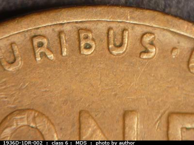 Die-stage B marker on 1936D•1DR•002 (1936 Doubled Die Reverse).