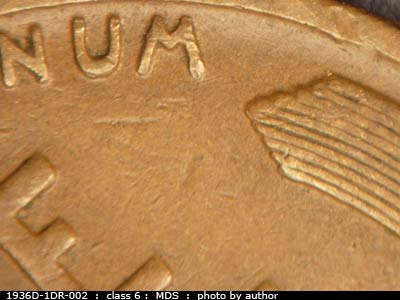 Die-stage B marker on 1936D•1DR•002 (1936 Doubled Die Reverse).