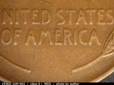 Die-stage B marker on 1936D•1DR•002 (1936 Doubled Die Reverse).